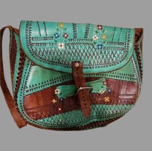 Handcrafted Leather Flower‎ Bag Turquoise And Brown Fairy Cowgirl Tooled Leather